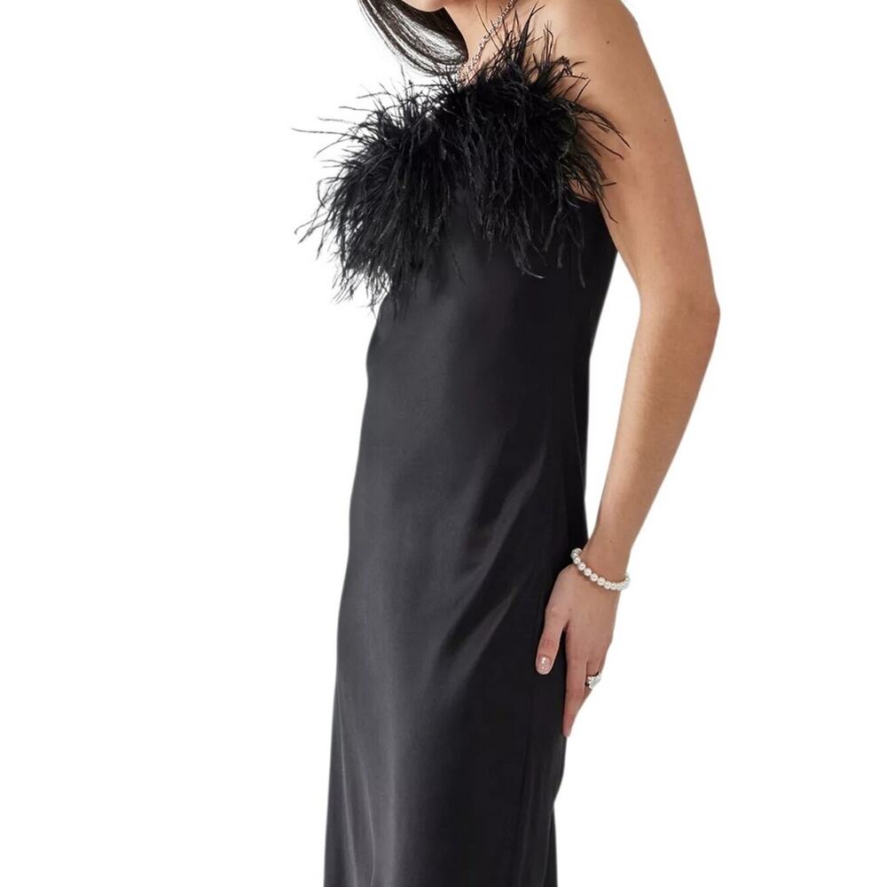 Sleeper Boheme Satin Midi Slip Dress Black Ostrich Feather Trim - Picture 2 of 12